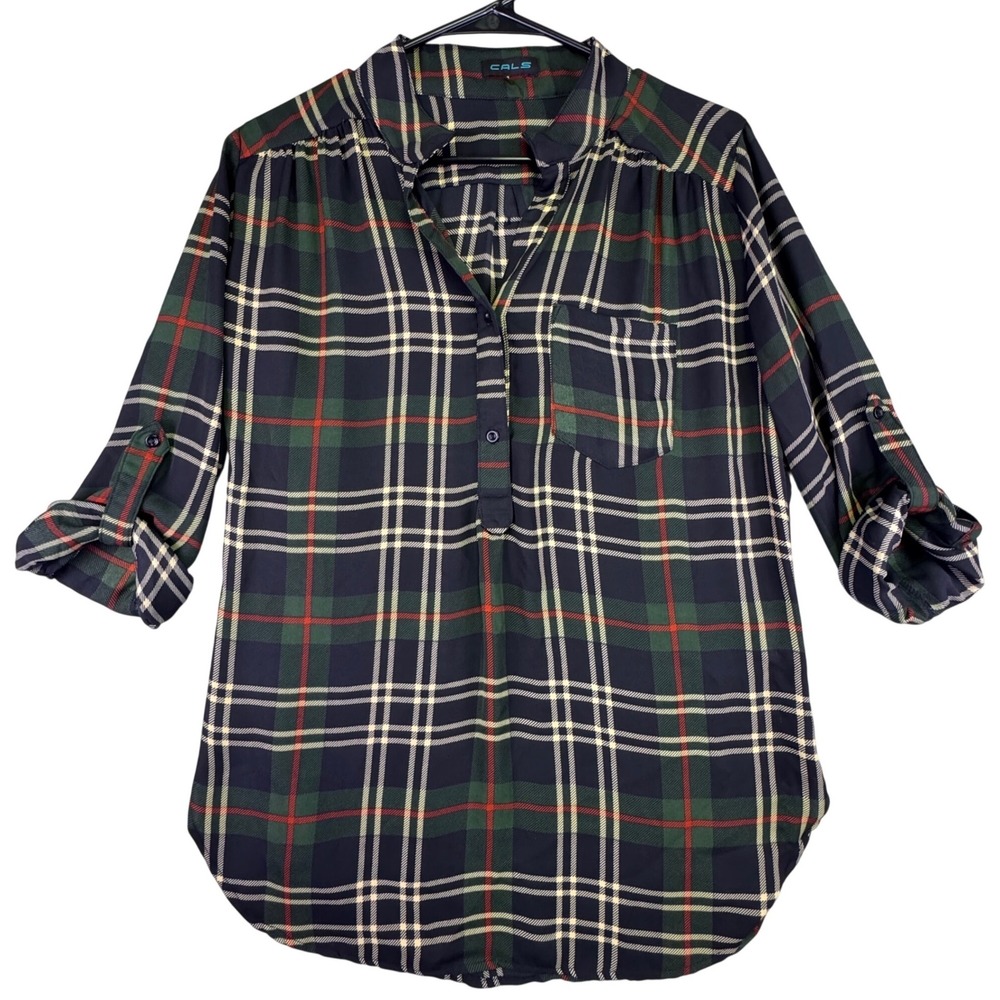 CALS Shirt Women's Medium Green Navy Plaid Roll Tab Sleeve Tunic Top‎ Acadamia
